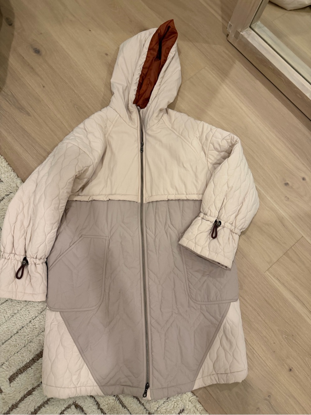 Pilcro Two-Tone Quilted Hooded Puffer in Light Beige & Taupe with Rust Lining